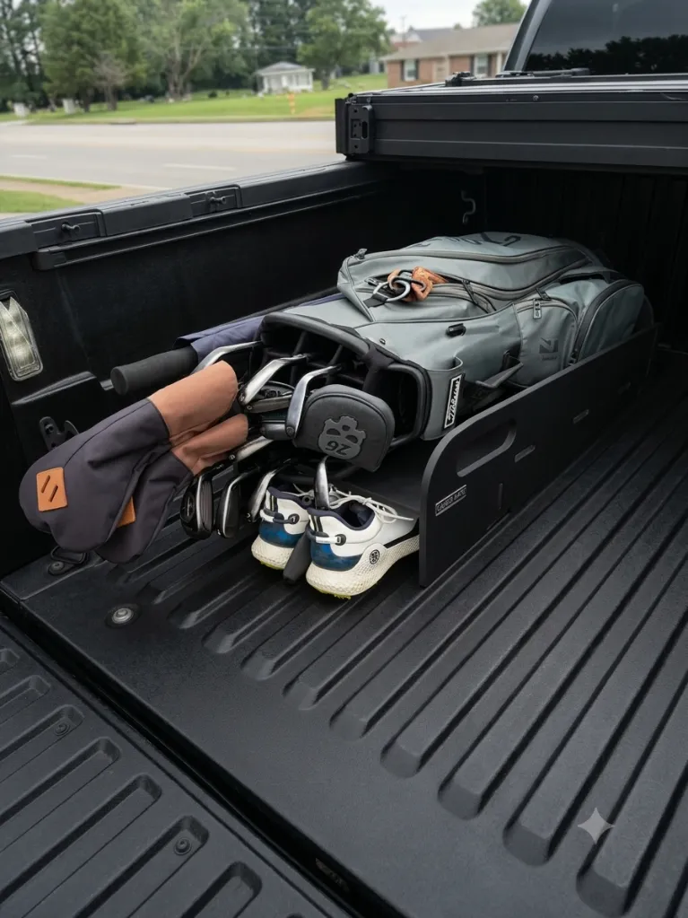 Truck Caddy holding golf gear in a pickup bed